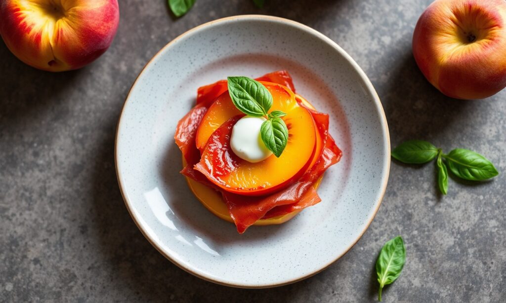 Summer Peach Caprese salad with basil and prosciutto twist.