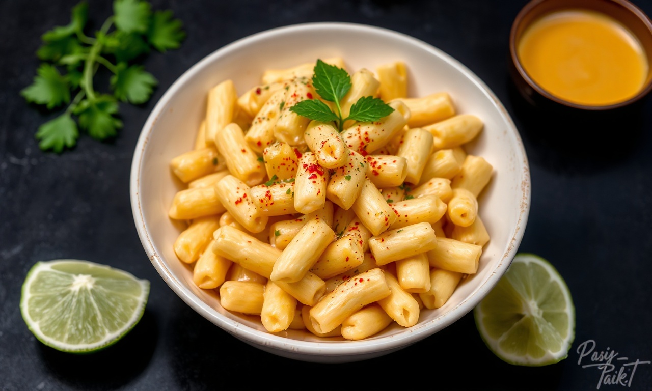 Creamy Thai curry mac and cheese: fusion delight recipe.