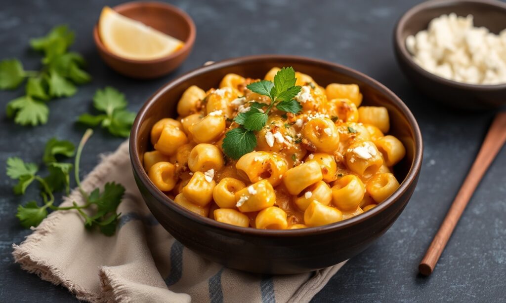 Creamy Thai curry mac and cheese fusion delight with exotic flair.