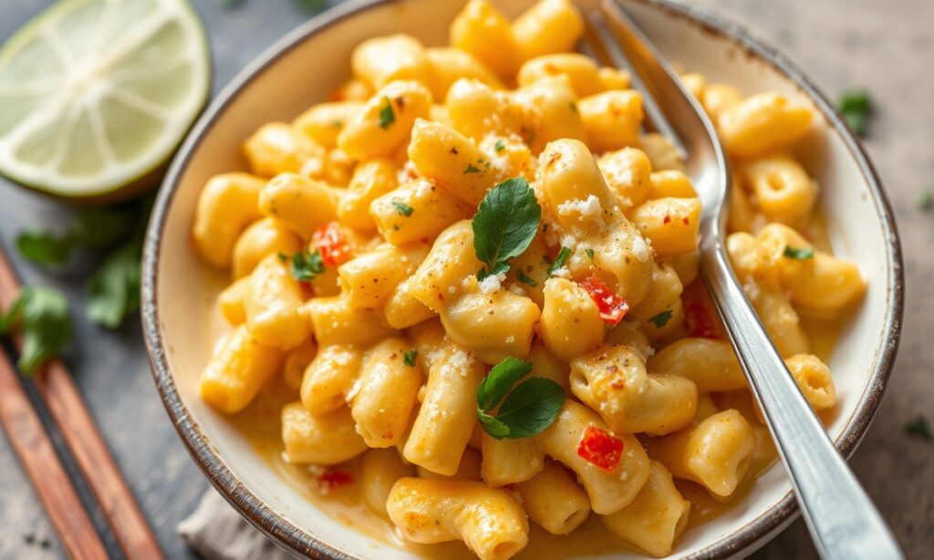 Creamy Thai curry mac and cheese fusion delight.