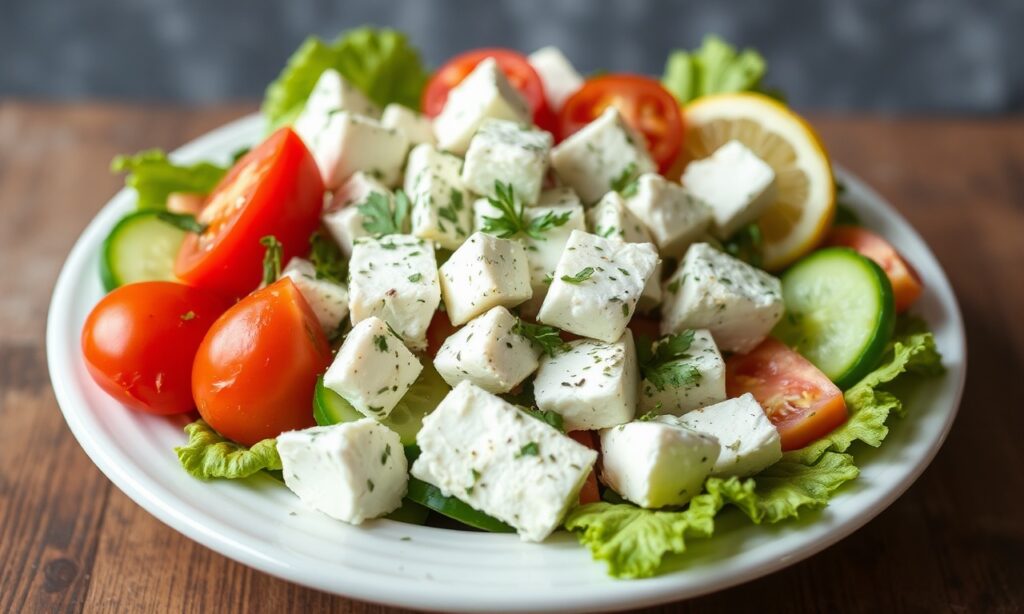 Vibrant classic Greek salad with zesty lemon herb vinaigrette.