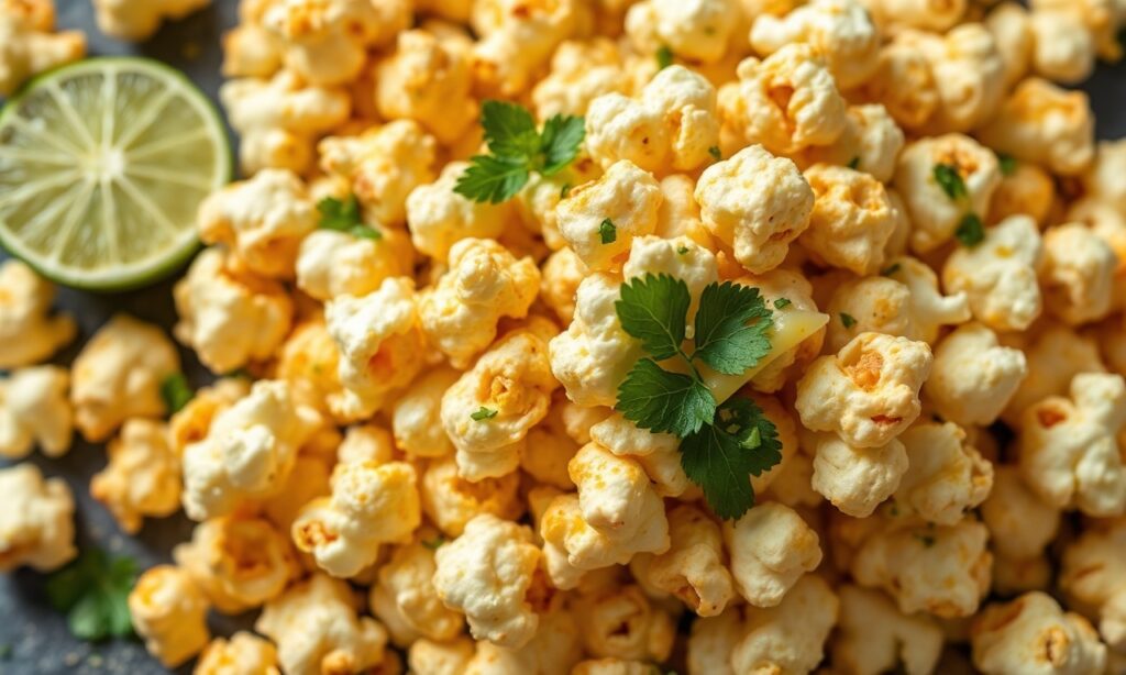 Zesty chili lime popcorn with cotija cheese flair.