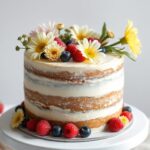 Elegant naked cake with fresh flowers and berries.