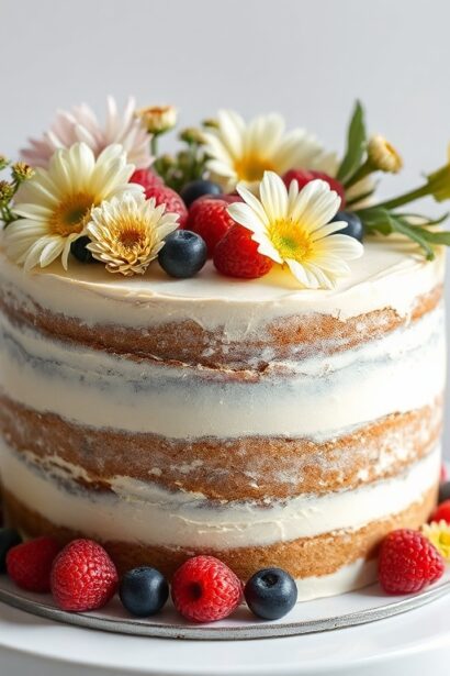 Elegant naked cake with fresh flowers and berries.