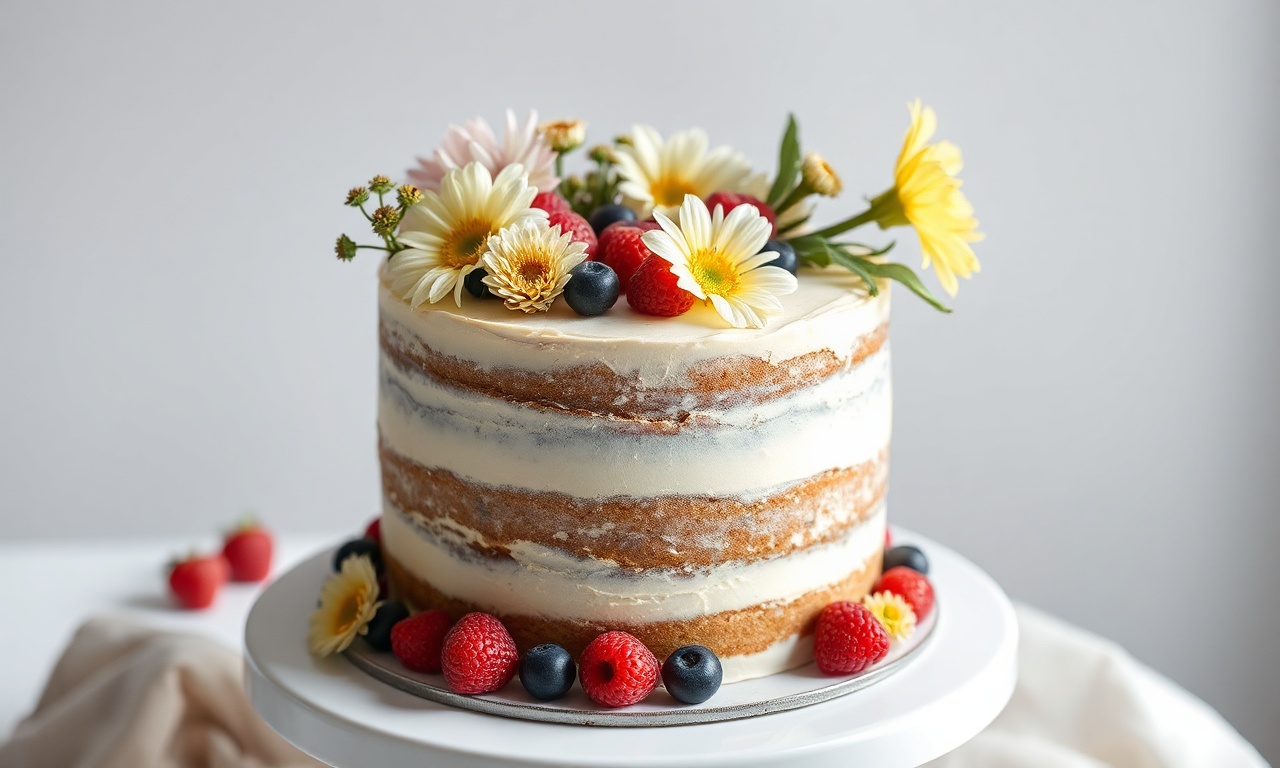 Elegant naked cake with fresh flowers and berries.