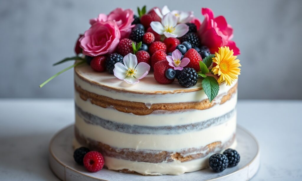 Elegant naked cake, fresh flowers, berries, nature's artistry.