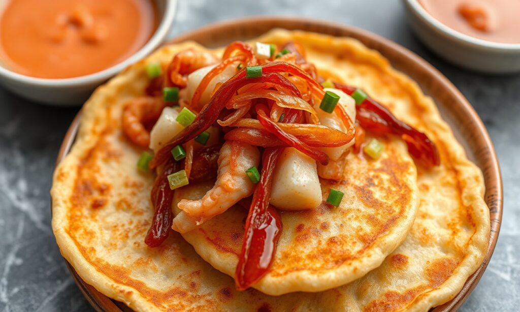 Exploring Korean seafood scallion pancakes, crispy and savory.