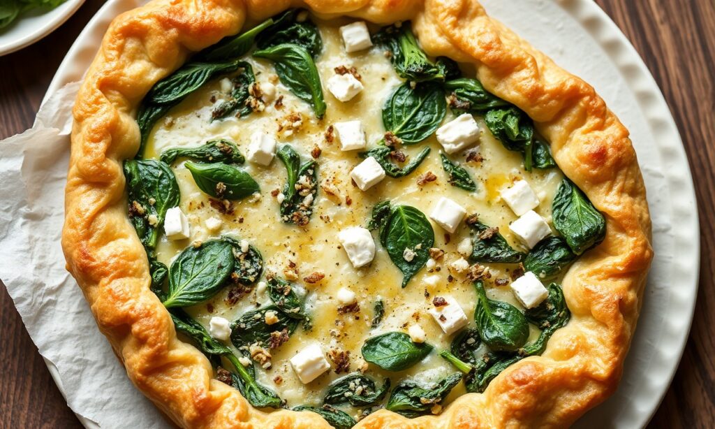 Flaky filo spinach feta pie: elegant, approachable savory masterpiece.