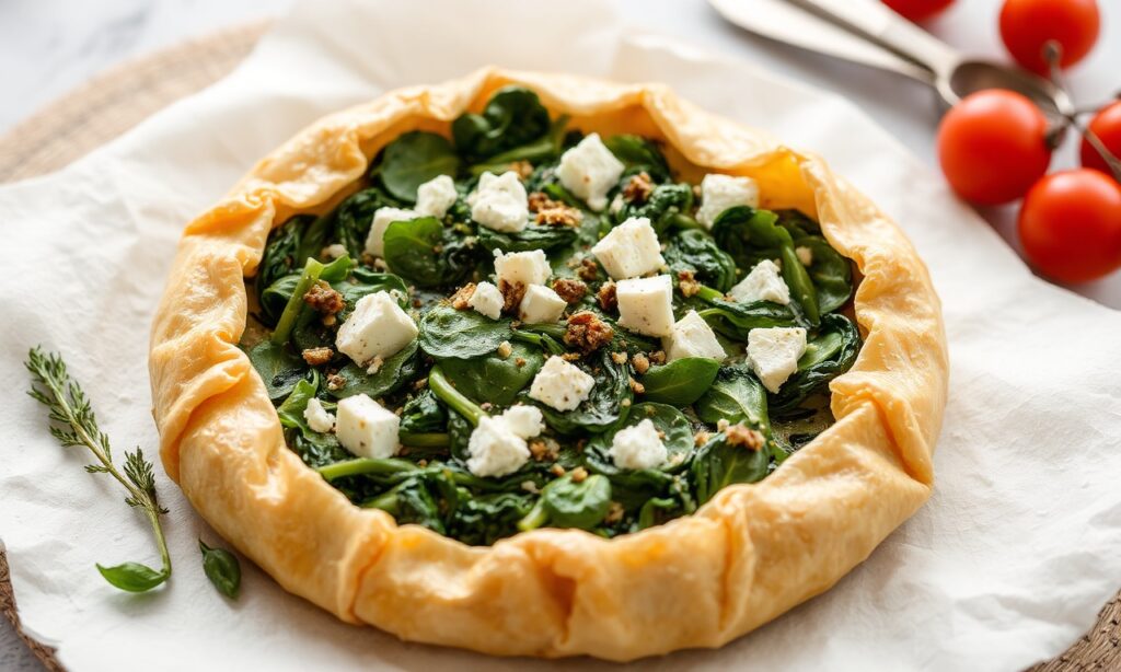 Flaky filo spinach feta pie: crisp, delicate pastry delight.