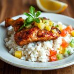 Delicious jerk chicken with pineapple salsa and coconut rice.