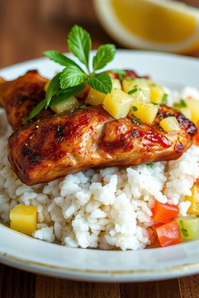 Delicious jerk chicken with pineapple salsa and coconut rice.