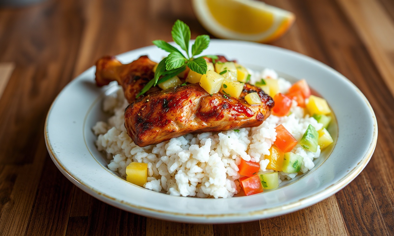 Delicious jerk chicken with pineapple salsa and coconut rice.