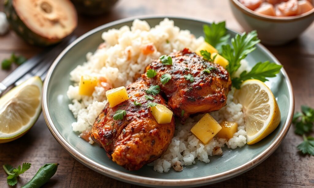 Spicy jerk chicken with pineapple salsa and coconut rice.
