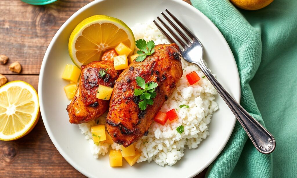 Delicious jerk chicken with pineapple salsa and coconut rice.