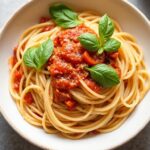 Wholesome whole wheat spaghetti with simple marinara bliss.
