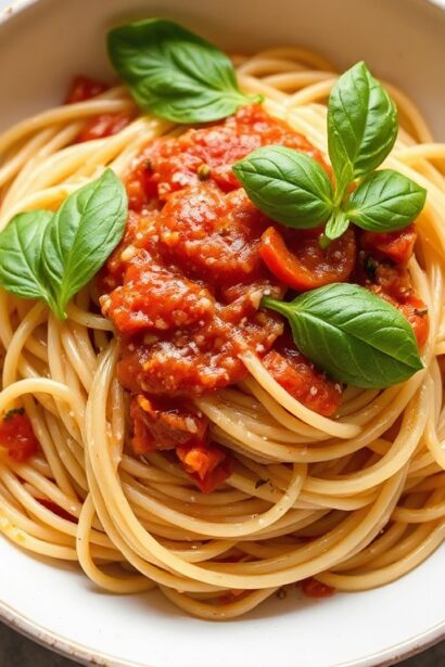 Wholesome whole wheat spaghetti with simple marinara bliss.