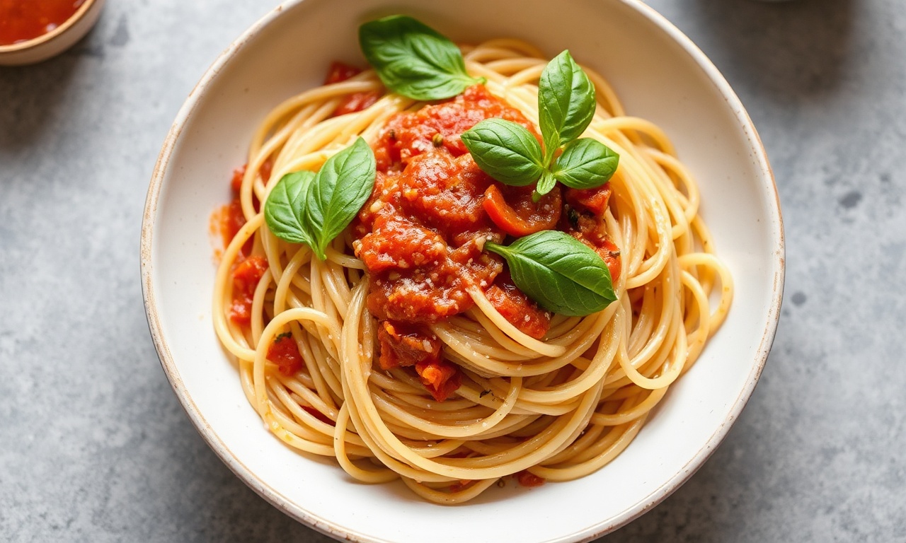 Wholesome whole wheat spaghetti with simple marinara bliss.