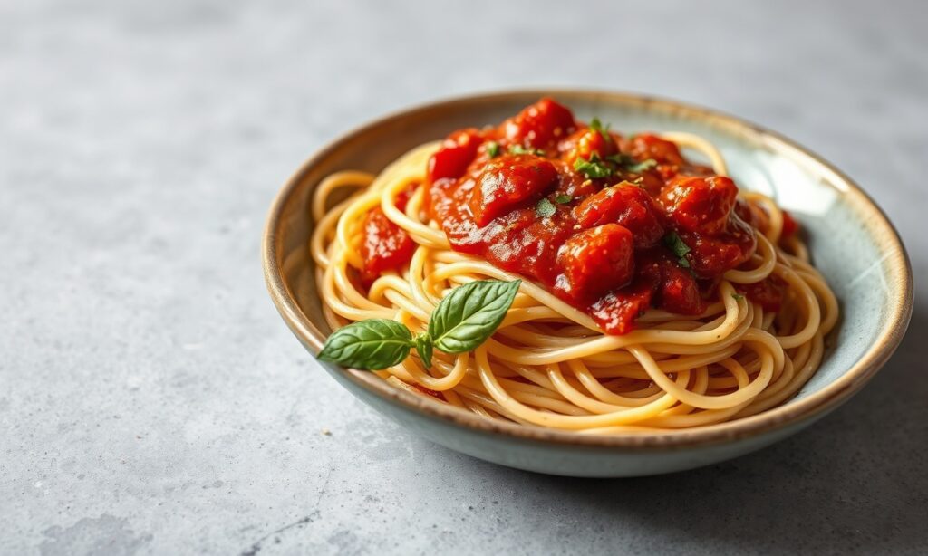 Wholesome whole wheat spaghetti with simple marinara bliss.