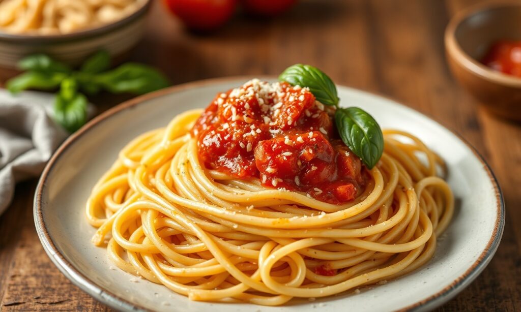 Wholesome whole wheat spaghetti with simple marinara sauce.