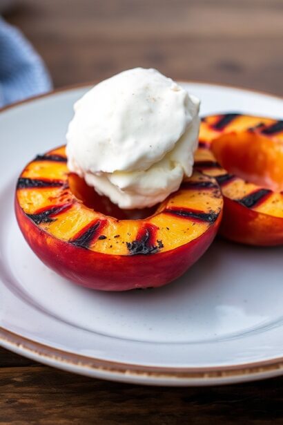 Grilled peaches with honey and ice cream, a sweet summer treat.