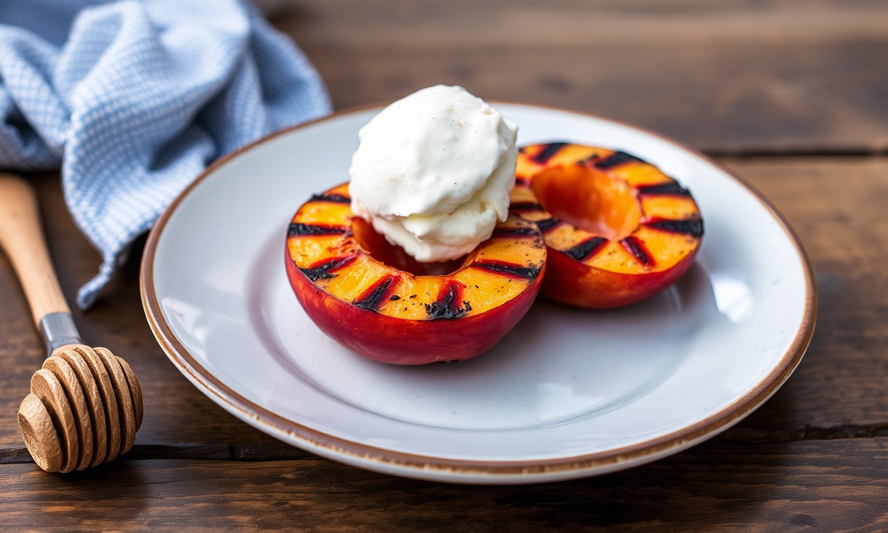 Grilled peaches with honey and ice cream, a sweet summer treat.