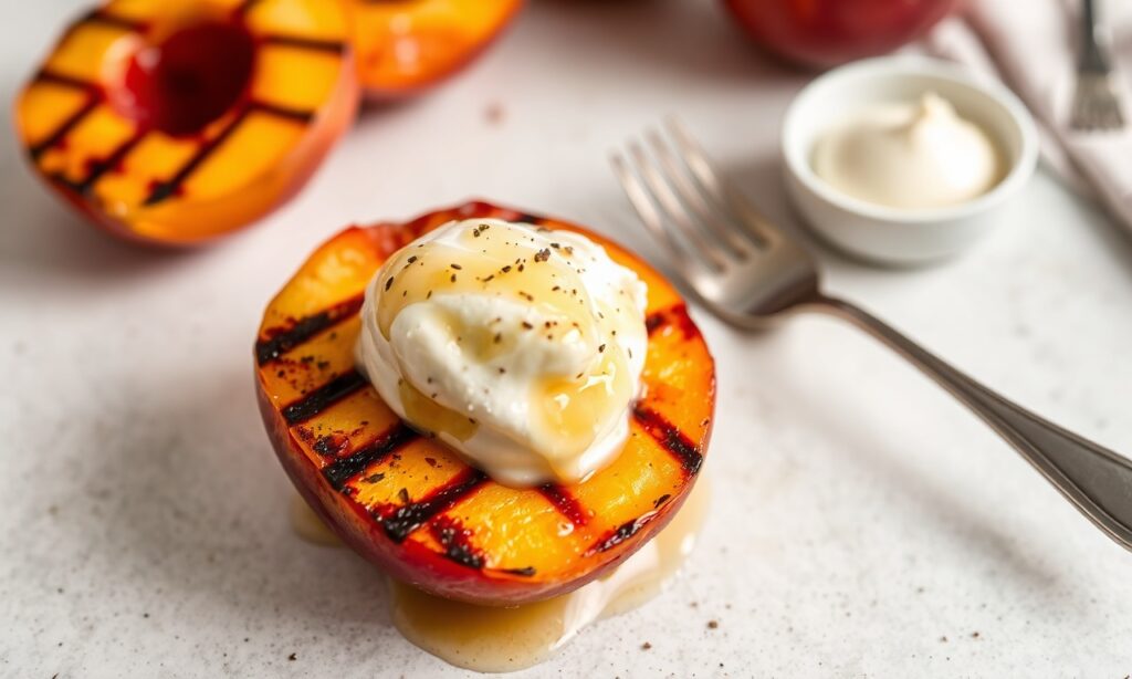 Grilled peaches with honey and ice cream dessert.