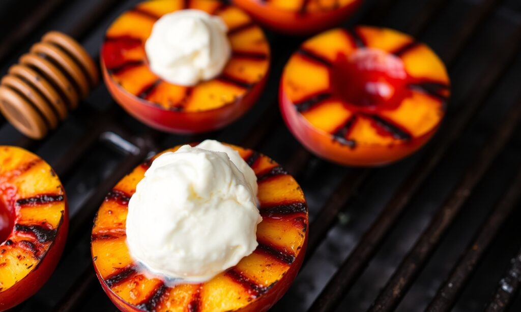 Grilled peaches with honey and ice cream, summer dessert perfection.