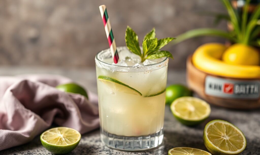 Crafting perfect coconut lime mojito mocktail, tropical twist.