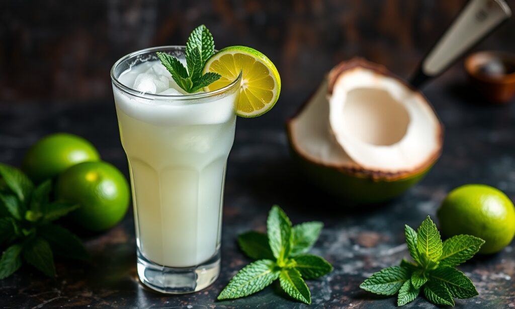 Crafting perfect coconut lime mojito mocktail, a refreshing tropical twist.