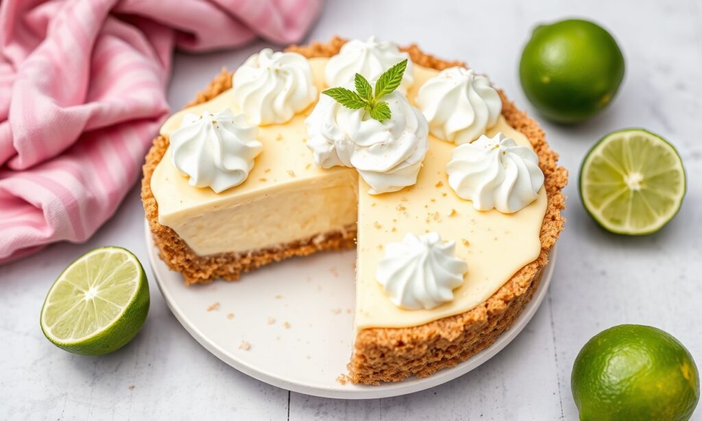 Zesty no-bake key lime pie, crunchy graham crust, easy dessert.
