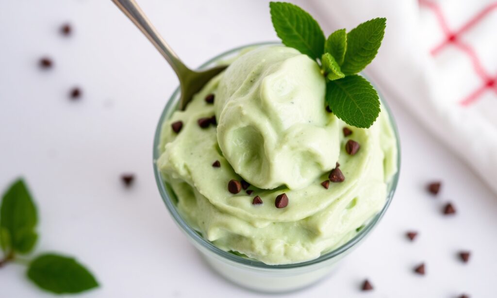 Creamy matcha white chocolate no-churn ice cream delight.