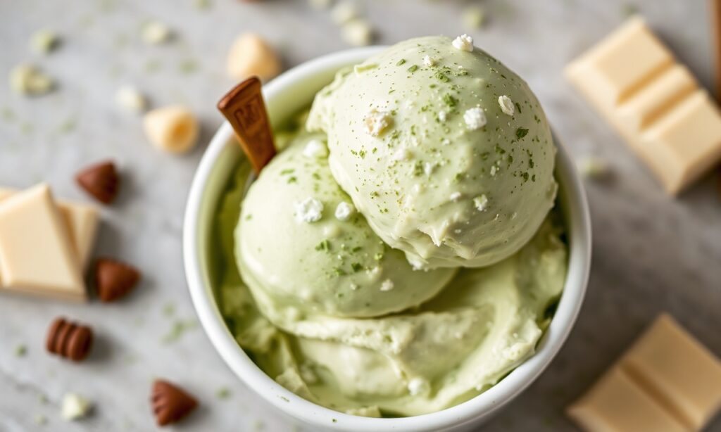 Creamy matcha white chocolate ice cream, a delightful summer treat.