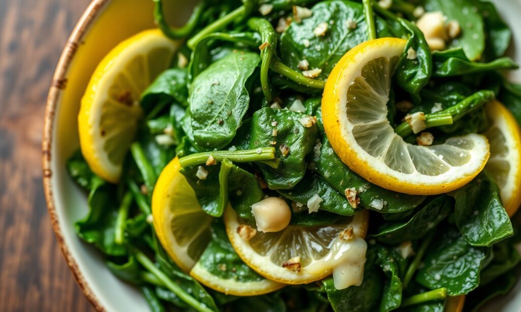Zesty garlic lemon spinach sautéed with bright flavors.