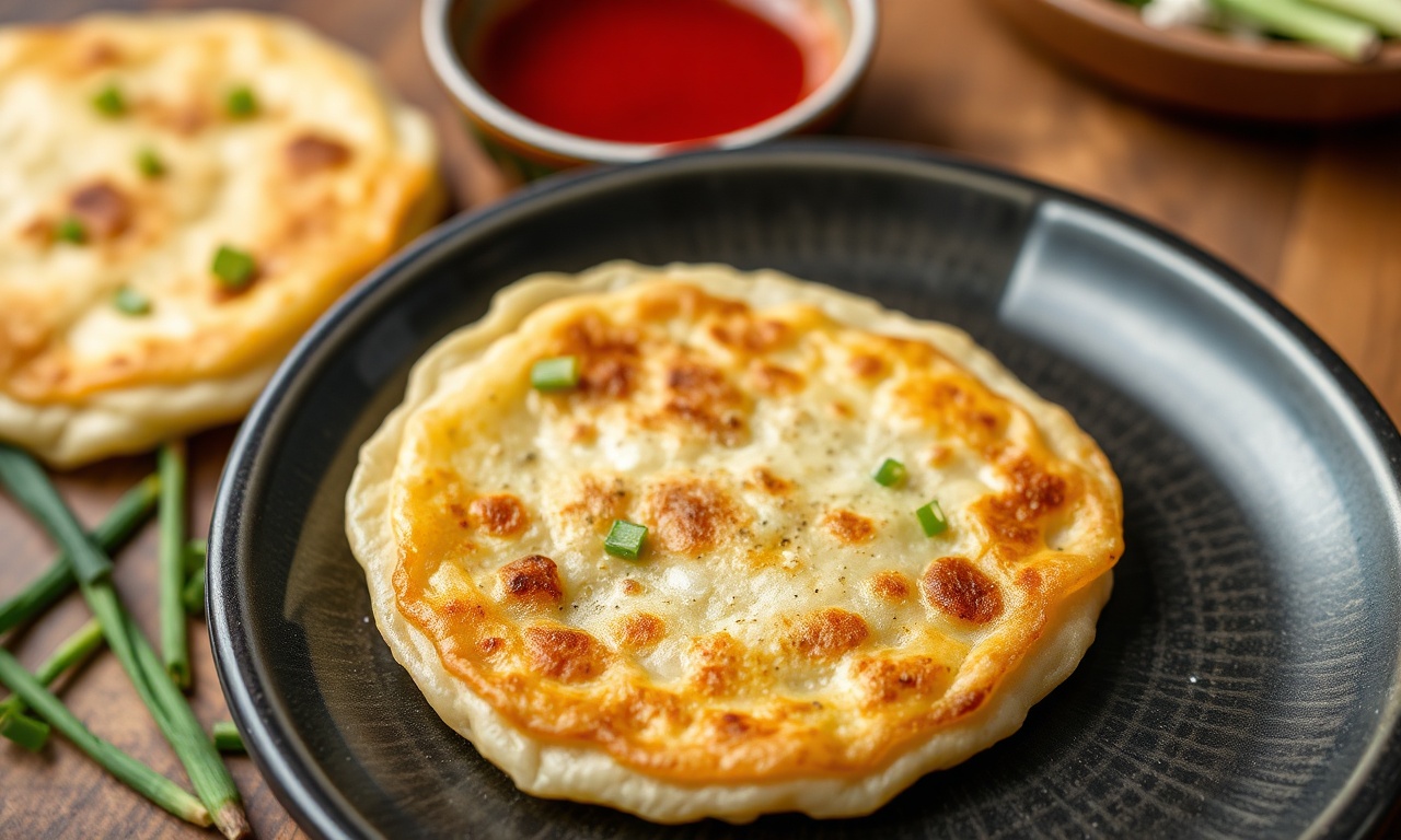 Flaky Chinese scallion pancakes with irresistible dipping sauce.