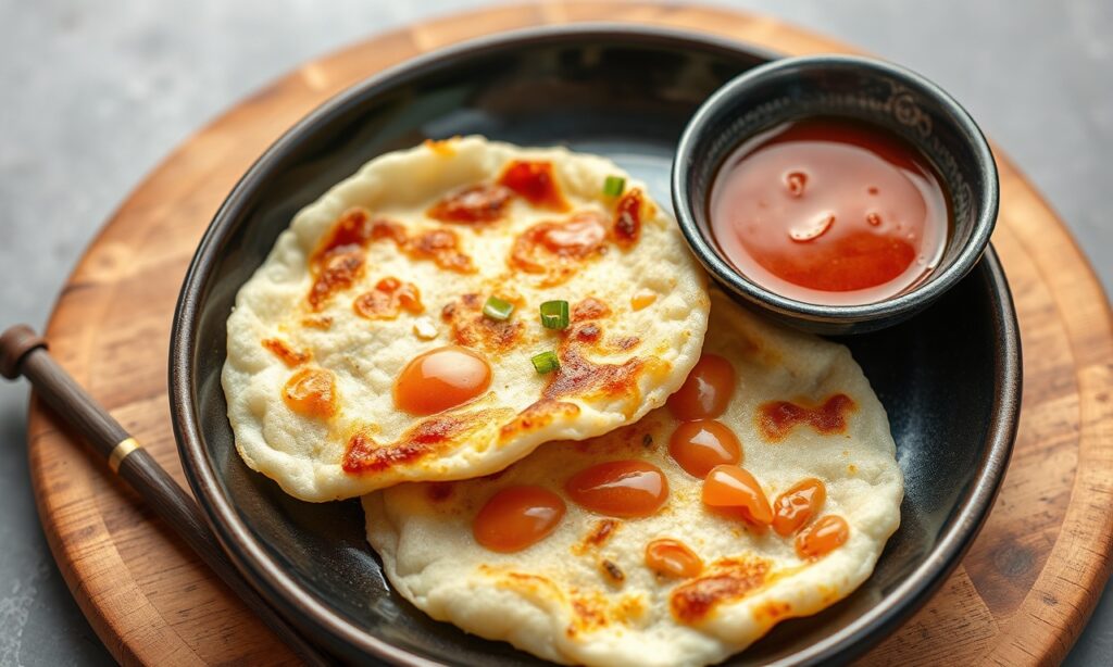 Flaky Chinese scallion pancakes with dipping sauce recipe.