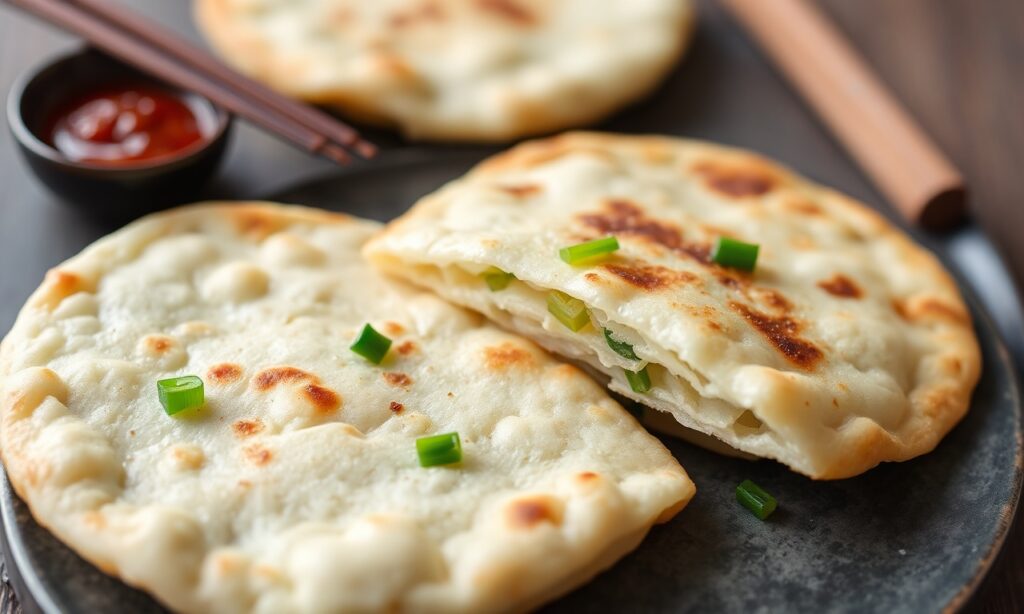 Flaky Chinese scallion pancakes with dipping sauce.
