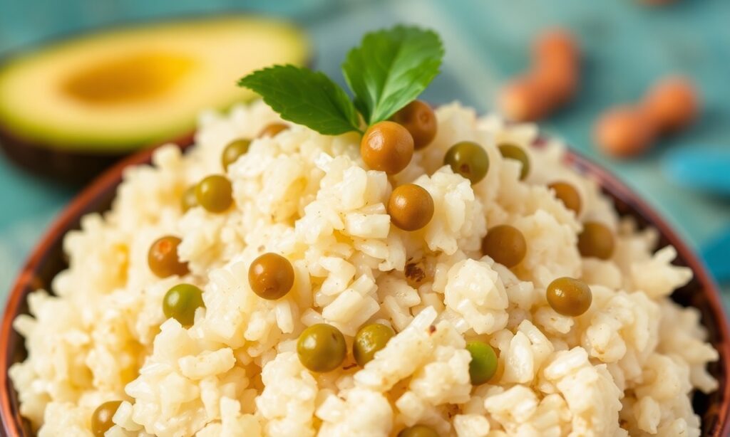Creamy coconut rice and peas, a Caribbean delight.