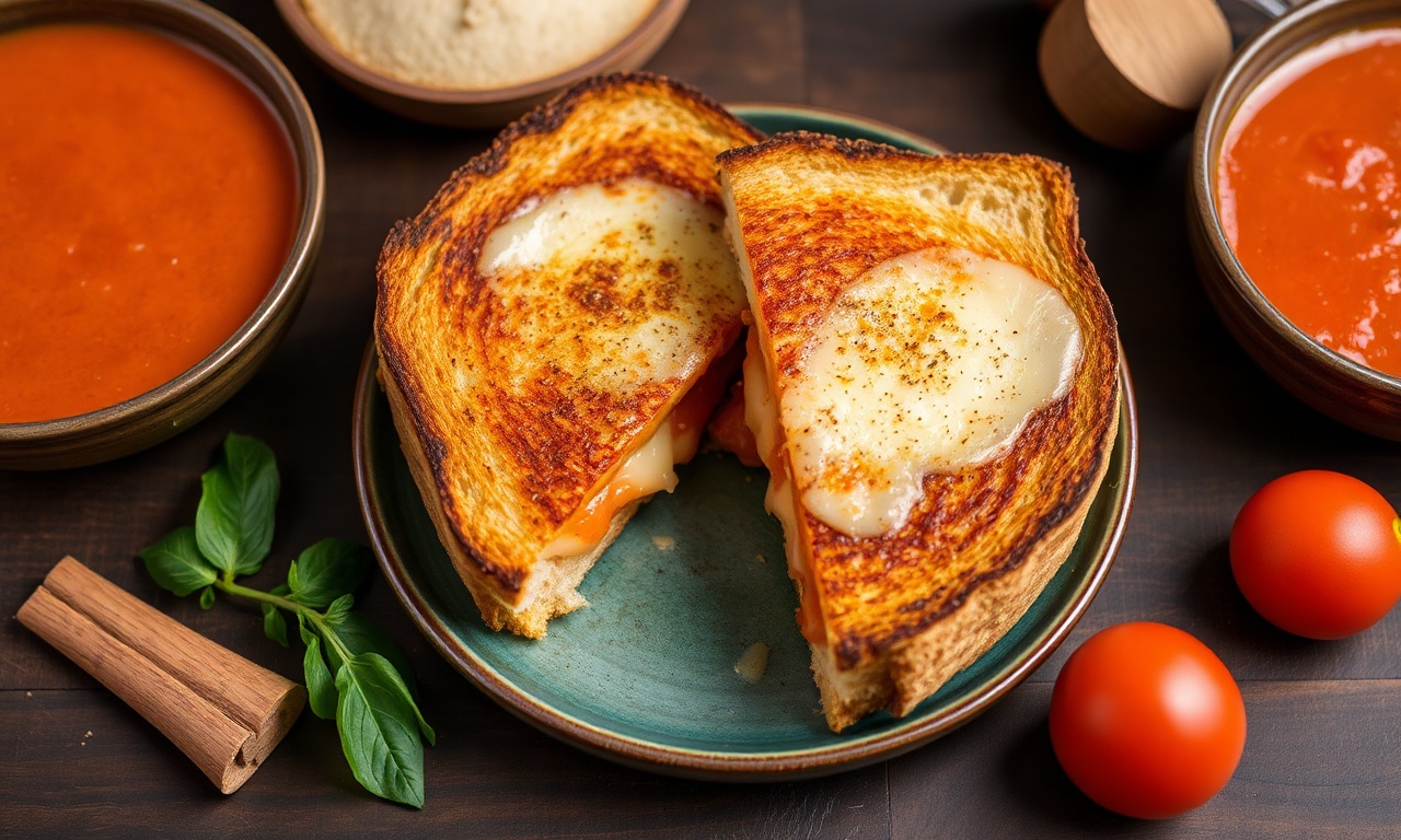 Irresistible grilled cheese sandwich with tomato soup, pure comfort food bliss.