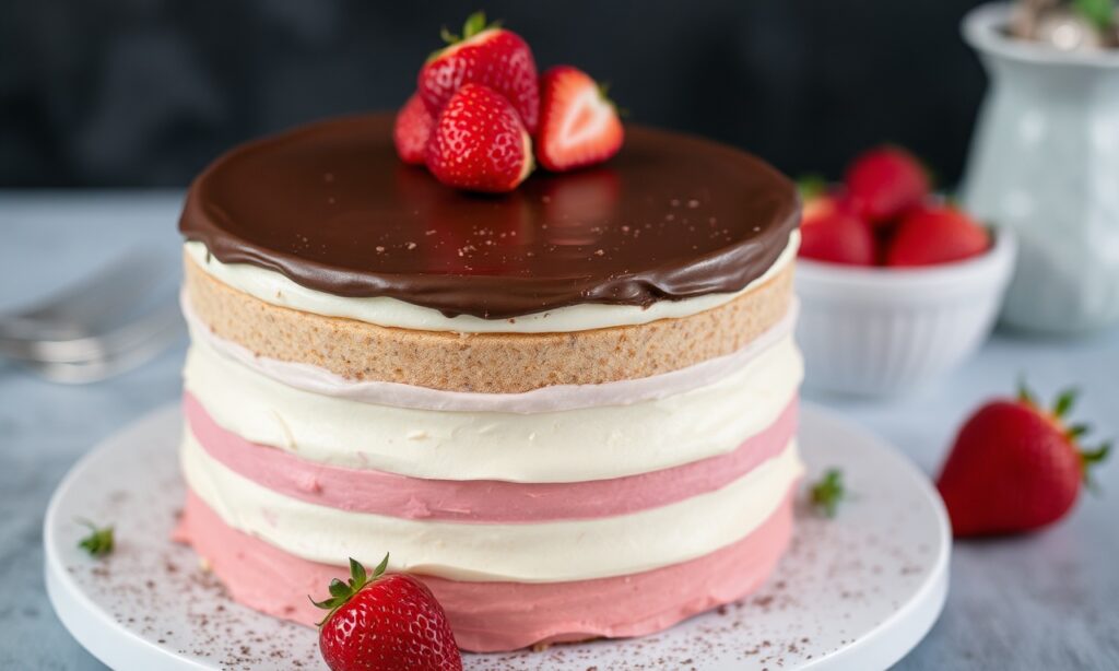 Sweet Neapolitan cake layers beneath powdered sugar and frosting.