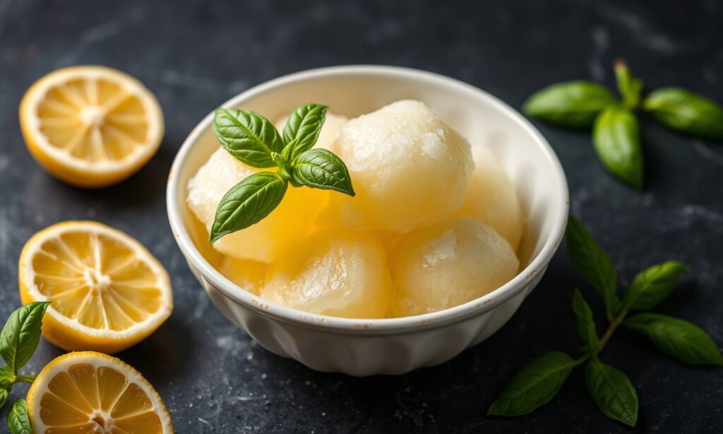 Zesty fresh lemon basil sorbet, a refreshing summer treat.