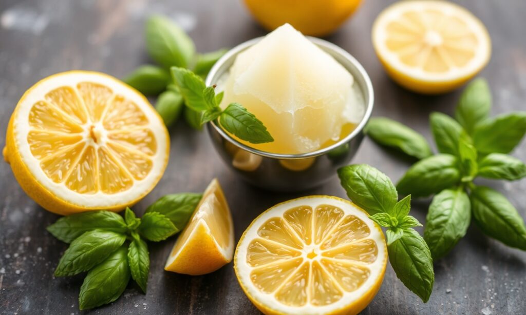 Zesty fresh lemon basil sorbet, a cool summer treat.