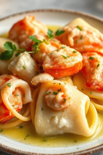 Decadent lobster ravioli with zesty lemon-butter herb sauce.