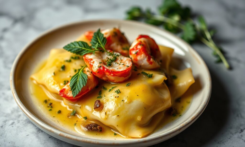 Decadent lobster ravioli with zesty lemon-butter sauce.
