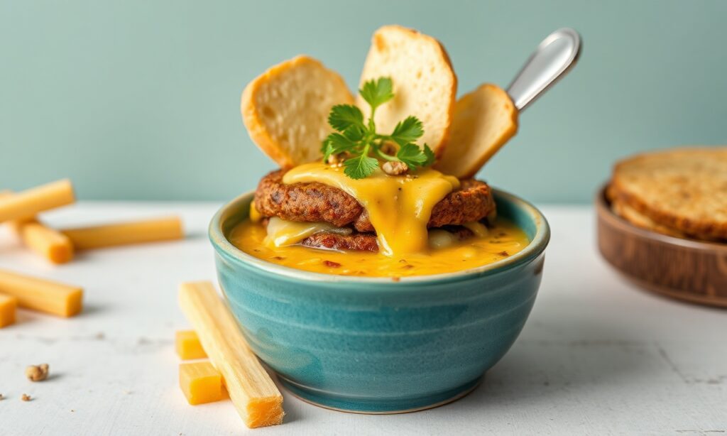 Irresistible Cheeseburger soup: savory, familiar comfort with a flavorful twist.