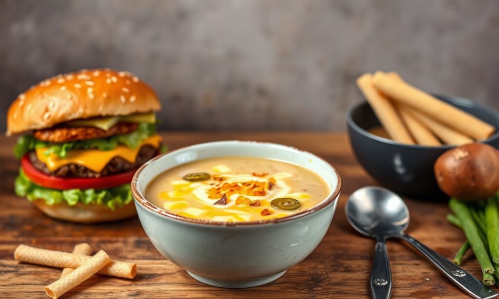 Irresistible cheeseburger soup recipe: savory comfort food twist.