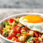 Wholesome mixed rice bowl with vibrant veggies and a perfect fried egg.
