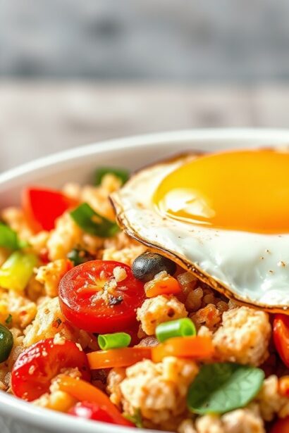 Wholesome mixed rice bowl with vibrant veggies and a perfect fried egg.
