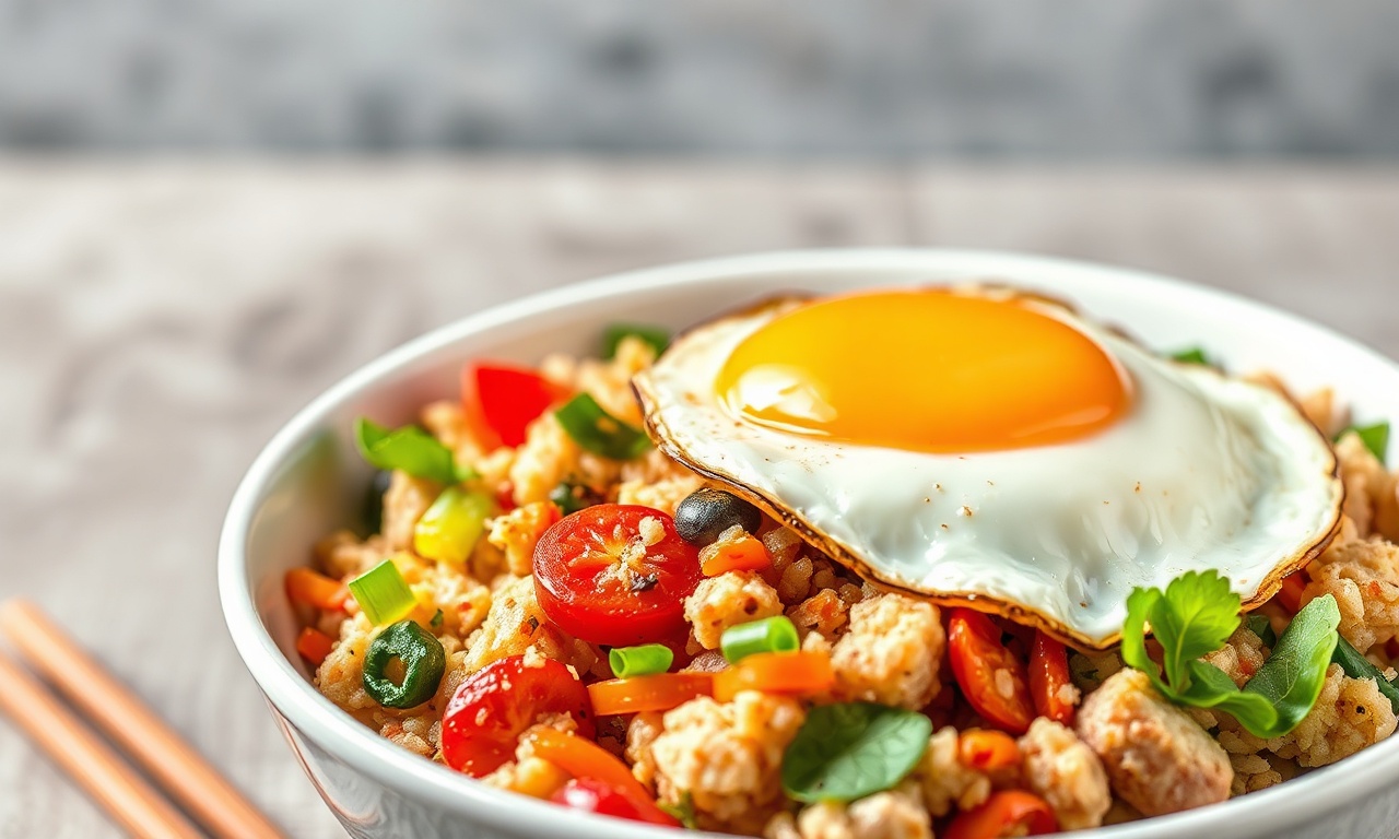 Wholesome mixed rice bowl with vibrant veggies and a perfect fried egg.