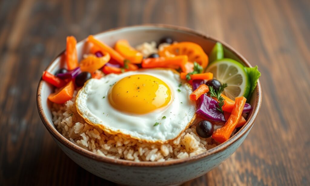 Wholesome mixed rice bowl with colorful veggies and perfect fried egg.