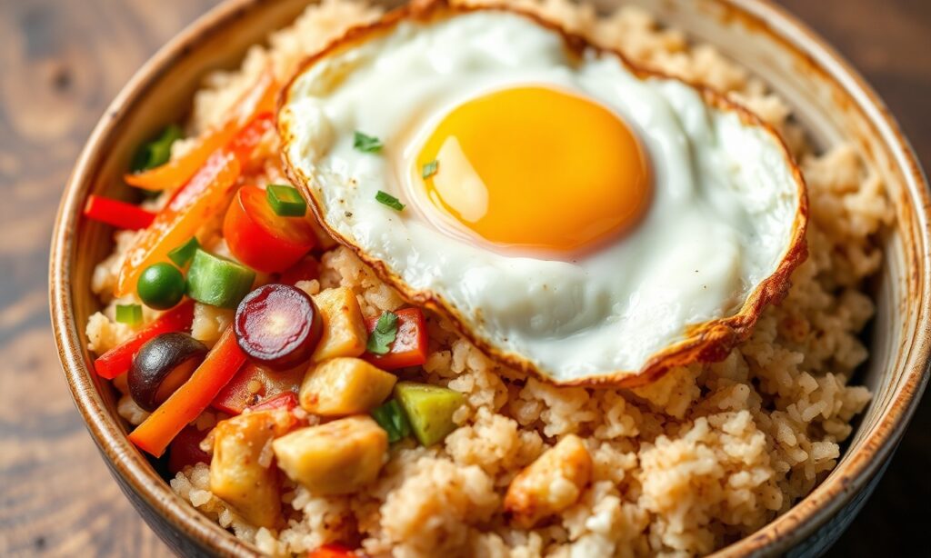 Wholesome mixed rice bowl with veggies and fried egg.